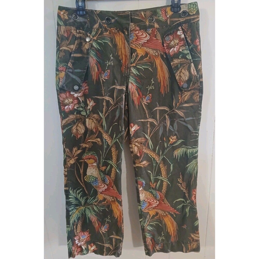 Tommy Hilfiger Pants Women Size 8 Leaves Tropical Bird  Jungle Crop 100% Cotton